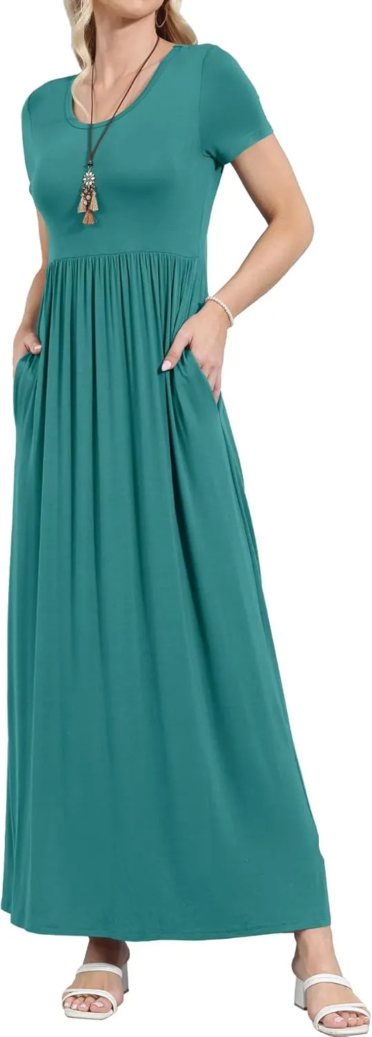 EUOVMY Women's Short Sleeve Loose Plain Maxi Dresses Casual Vacation Long Dresses with Pockets
