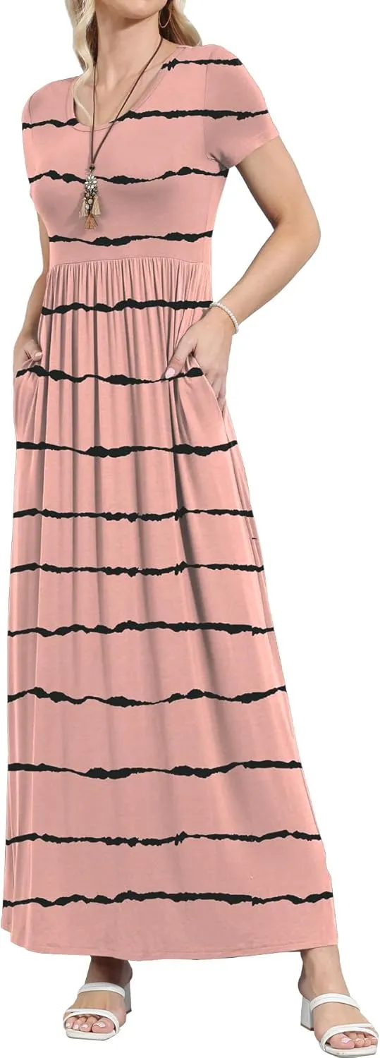 EUOVMY Women's Short Sleeve Loose Plain Maxi Dresses Casual Vacation Long Dresses with Pockets