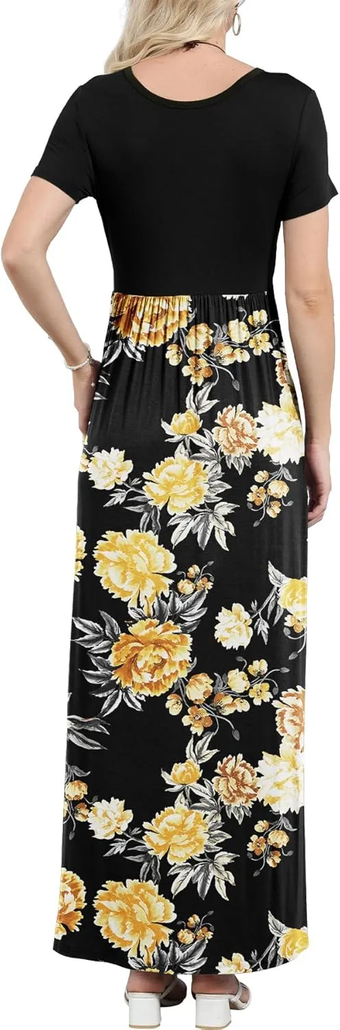 EUOVMY Women's Short Sleeve Loose Plain Maxi Dresses Casual Vacation Long Dresses with Pockets