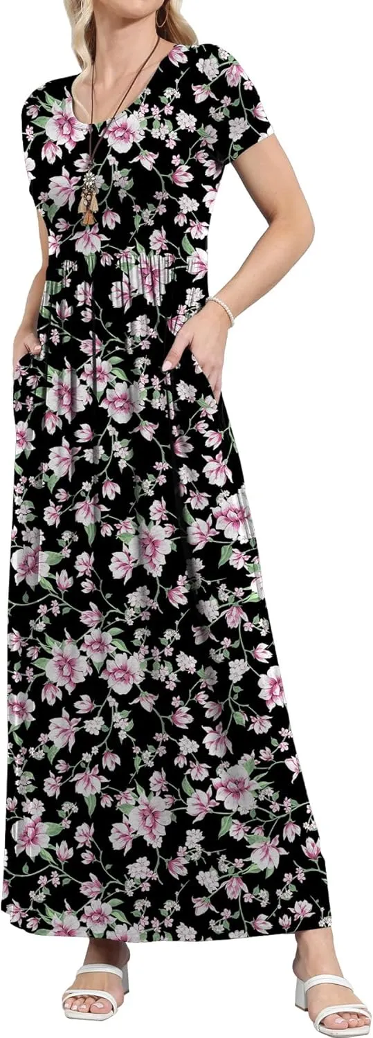 EUOVMY Women's Short Sleeve Loose Plain Maxi Dresses Casual Vacation Long Dresses with Pockets