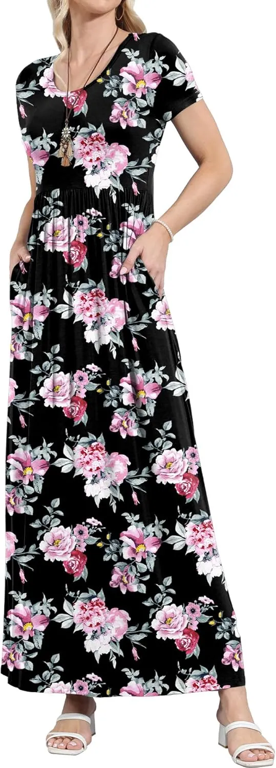 EUOVMY Women's Short Sleeve Loose Plain Maxi Dresses Casual Vacation Long Dresses with Pockets