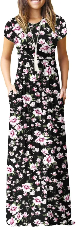EUOVMY Women's Short Sleeve Loose Plain Maxi Dresses Casual Vacation Long Dresses with Pockets