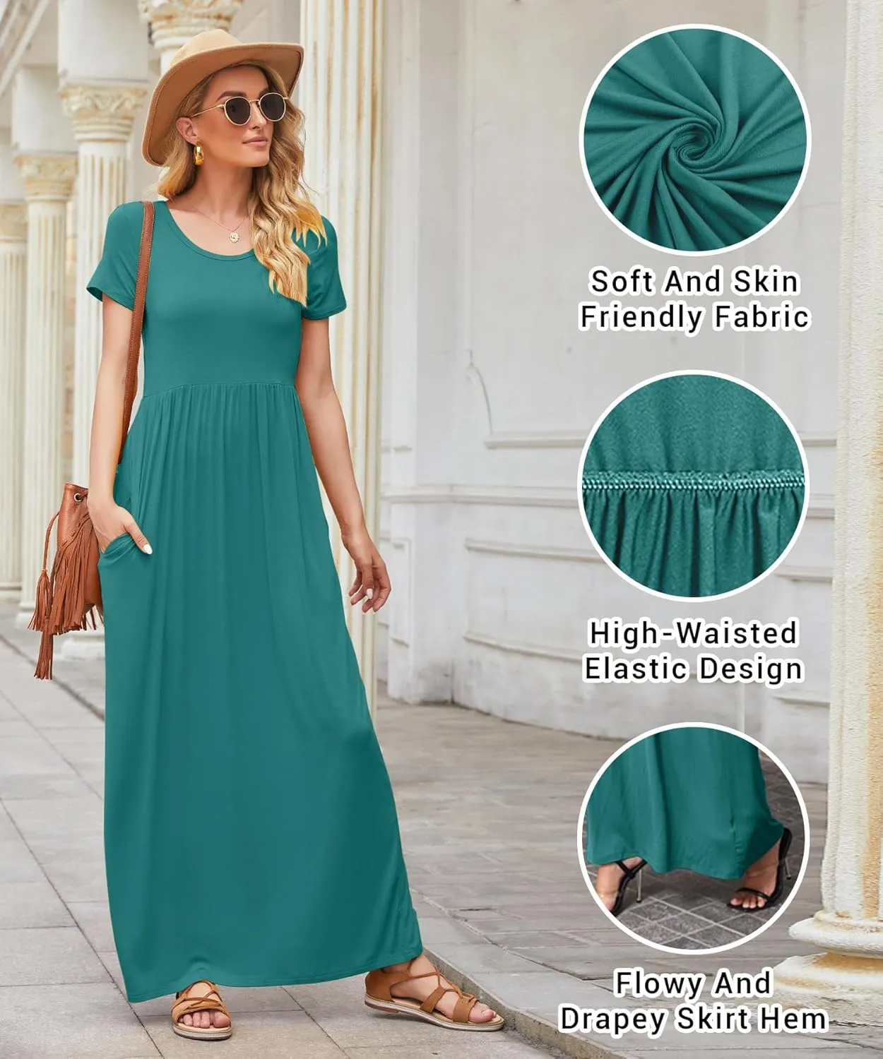 EUOVMY Women's Short Sleeve Loose Plain Maxi Dresses Casual Vacation Long Dresses with Pockets