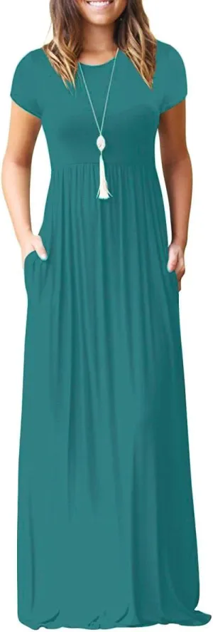 EUOVMY Women's Short Sleeve Loose Plain Maxi Dresses Casual Vacation Long Dresses with Pockets