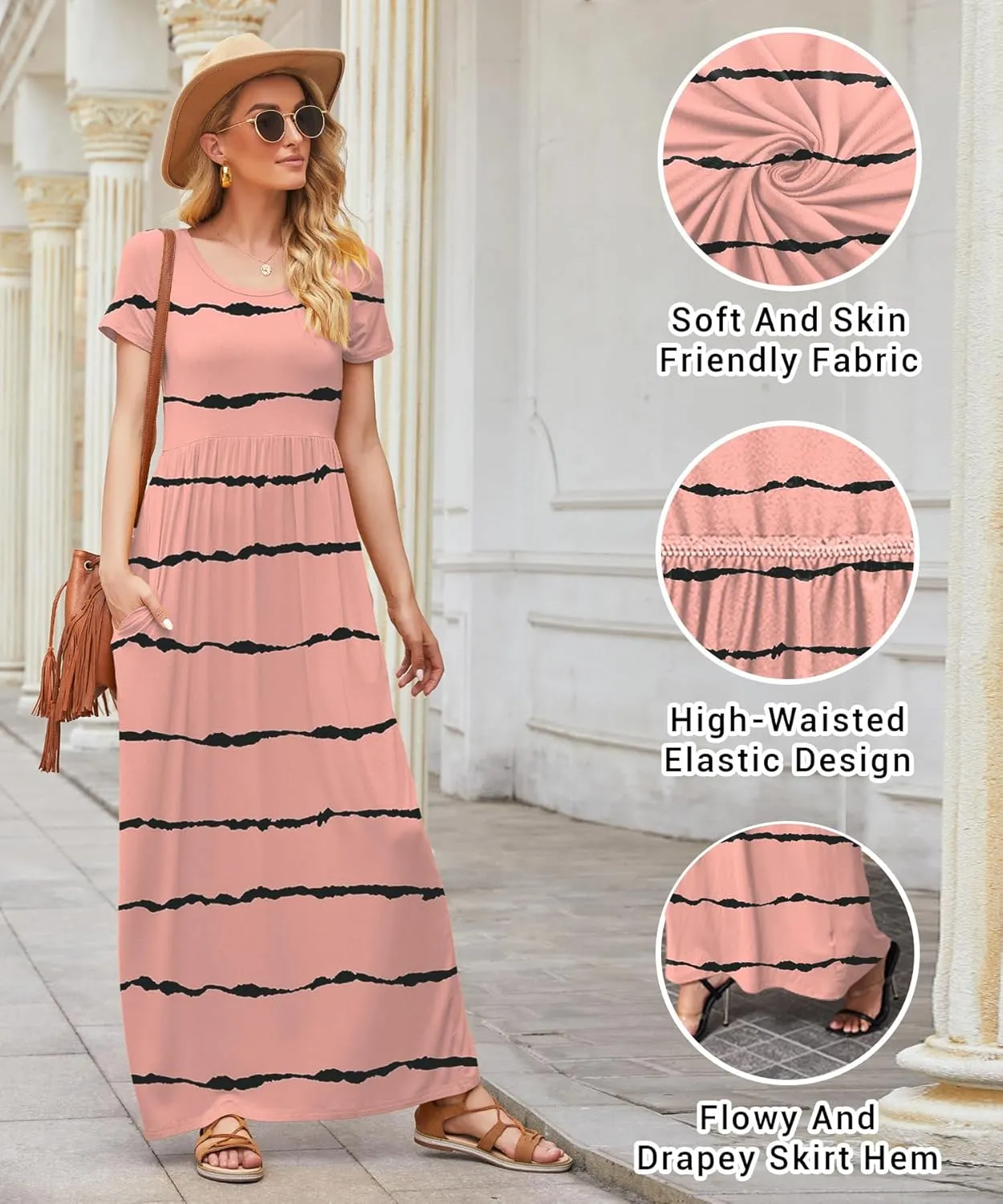 EUOVMY Women's Short Sleeve Loose Plain Maxi Dresses Casual Vacation Long Dresses with Pockets