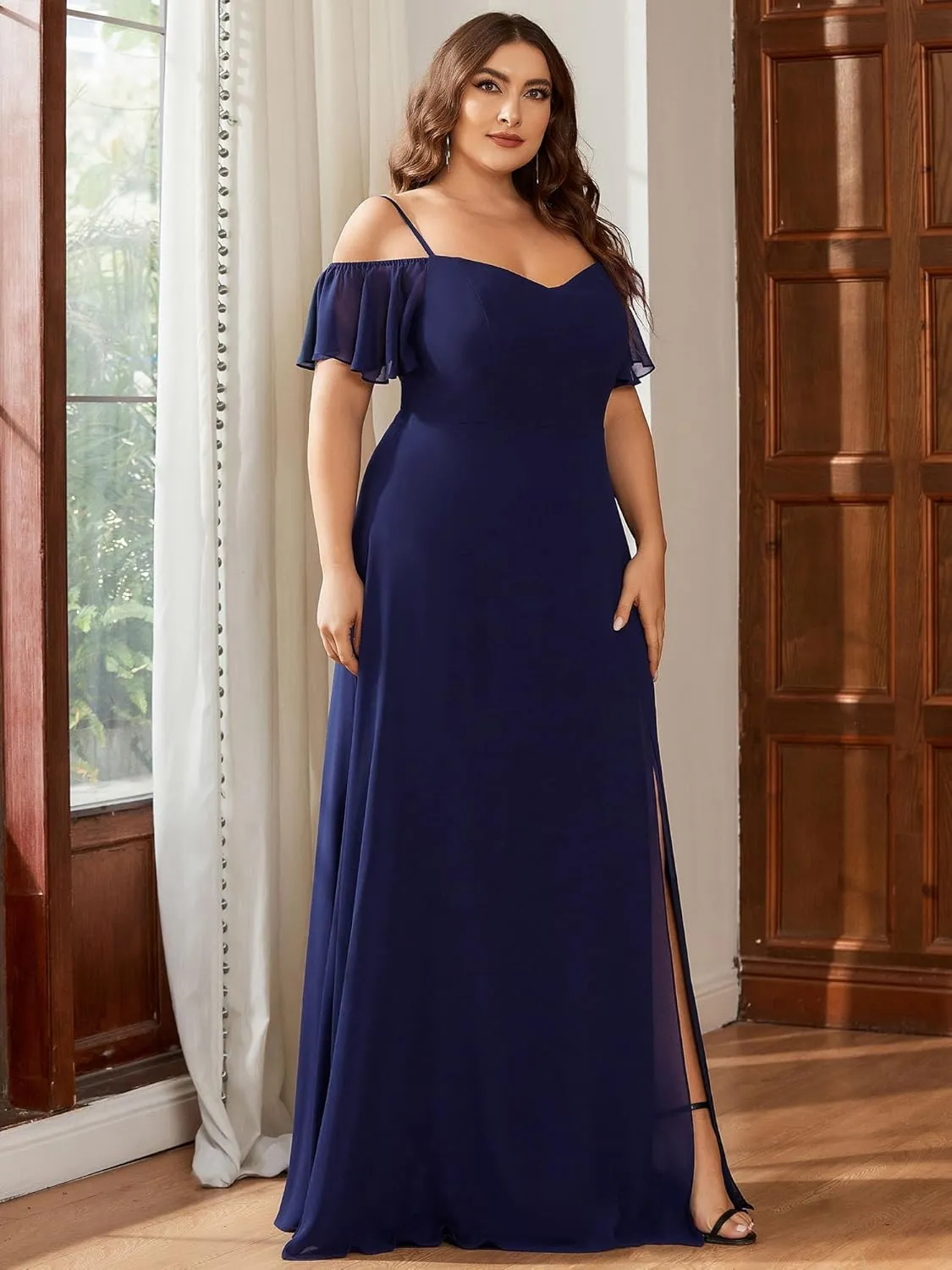 Ever-Pretty Plus Women's Off Shoulder Ruffles Sleeves Side Slit Chiffon Plus Size Bridesmaid Dresses 00237-DA