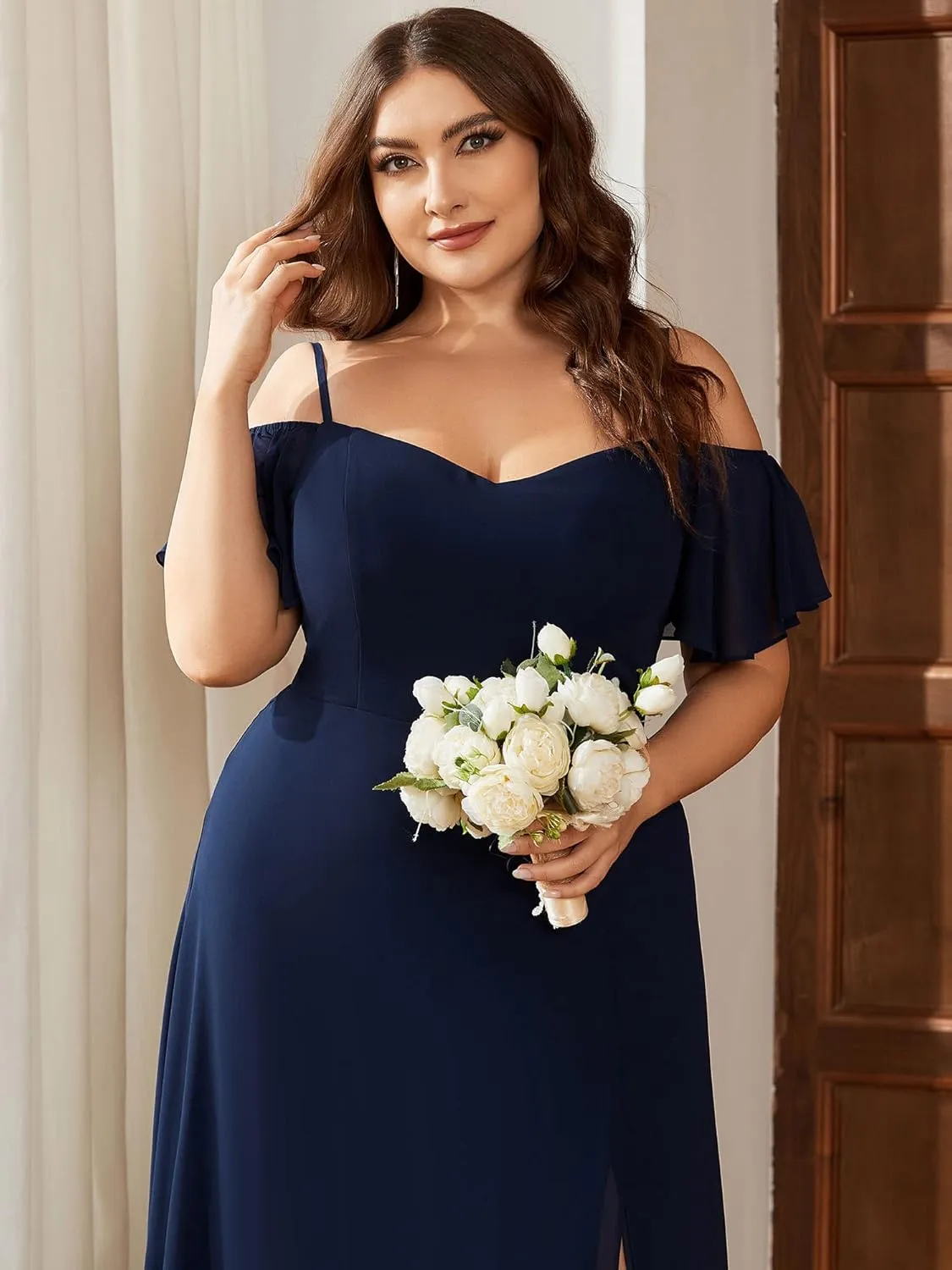 Ever-Pretty Plus Women's Off Shoulder Ruffles Sleeves Side Slit Chiffon Plus Size Bridesmaid Dresses 00237-DA