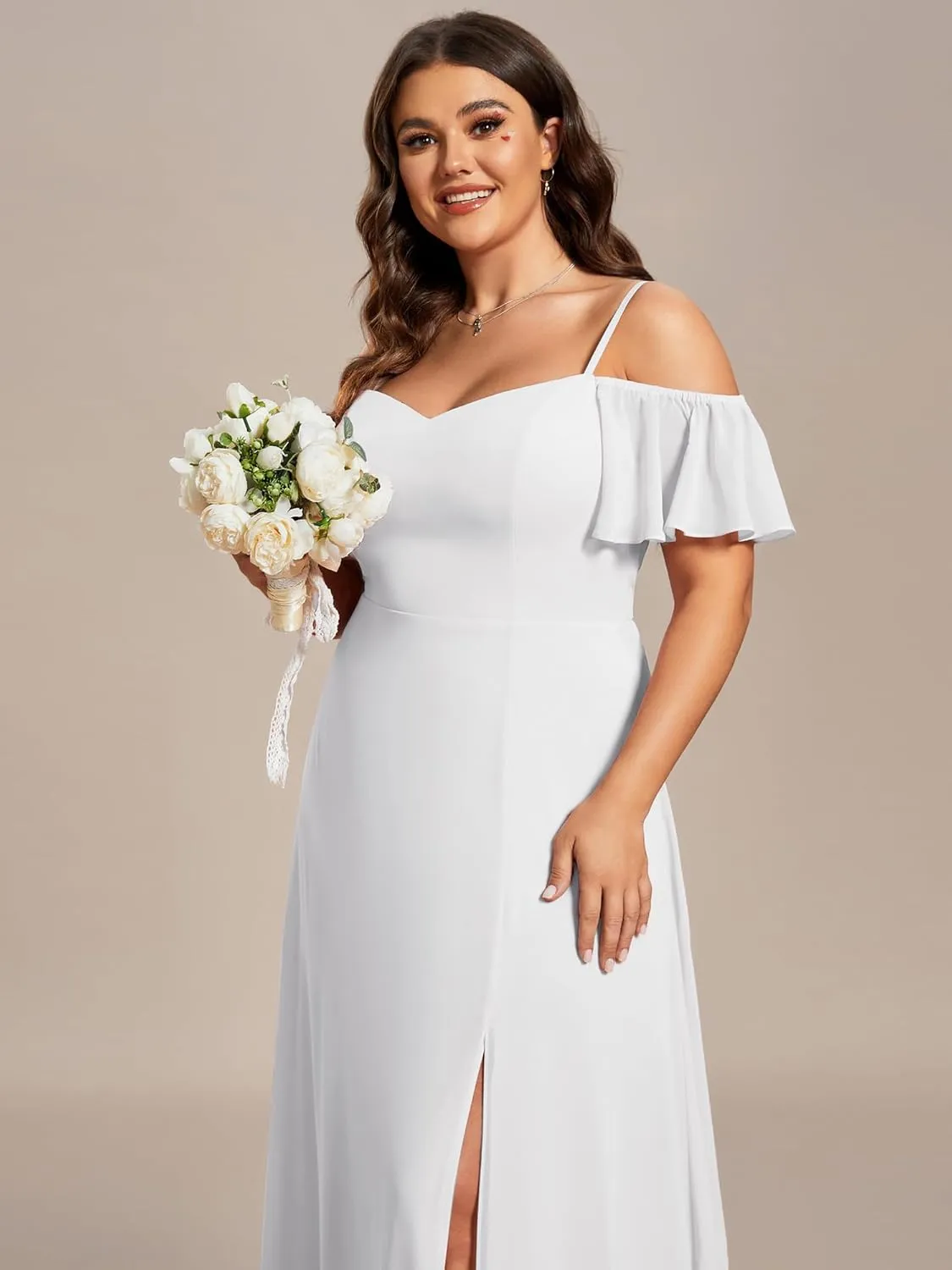 Ever-Pretty Plus Women's Off Shoulder Ruffles Sleeves Side Slit Chiffon Plus Size Bridesmaid Dresses 00237-DA