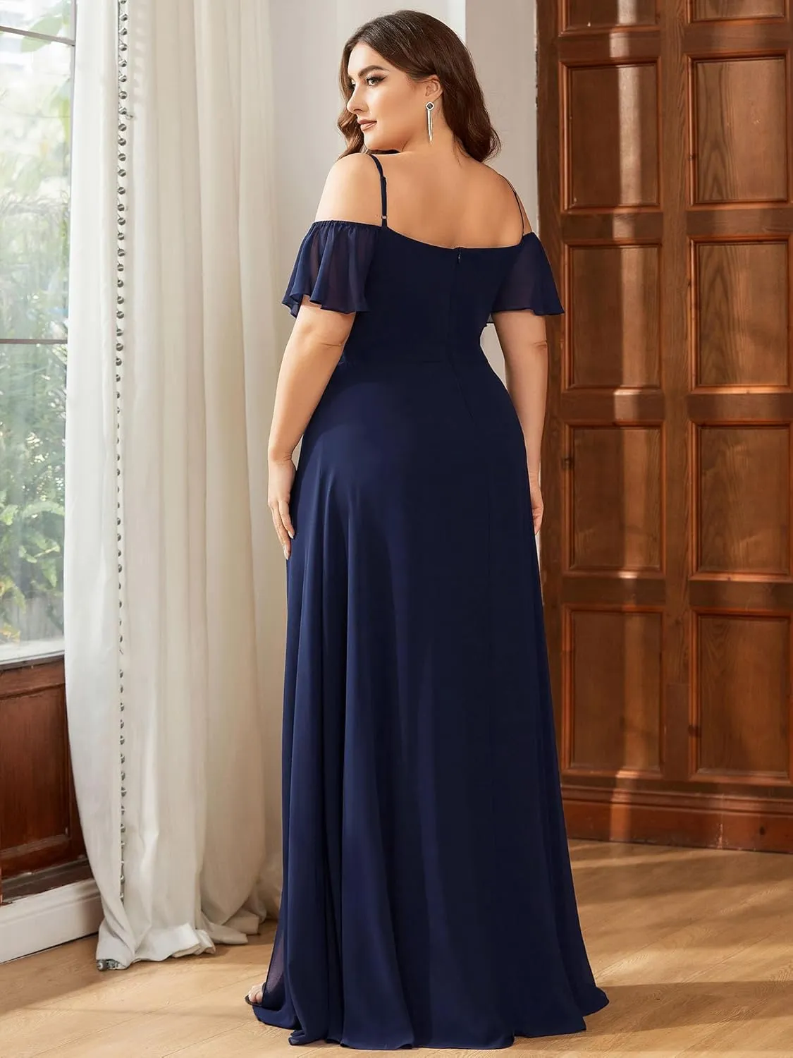 Ever-Pretty Plus Women's Off Shoulder Ruffles Sleeves Side Slit Chiffon Plus Size Bridesmaid Dresses 00237-DA