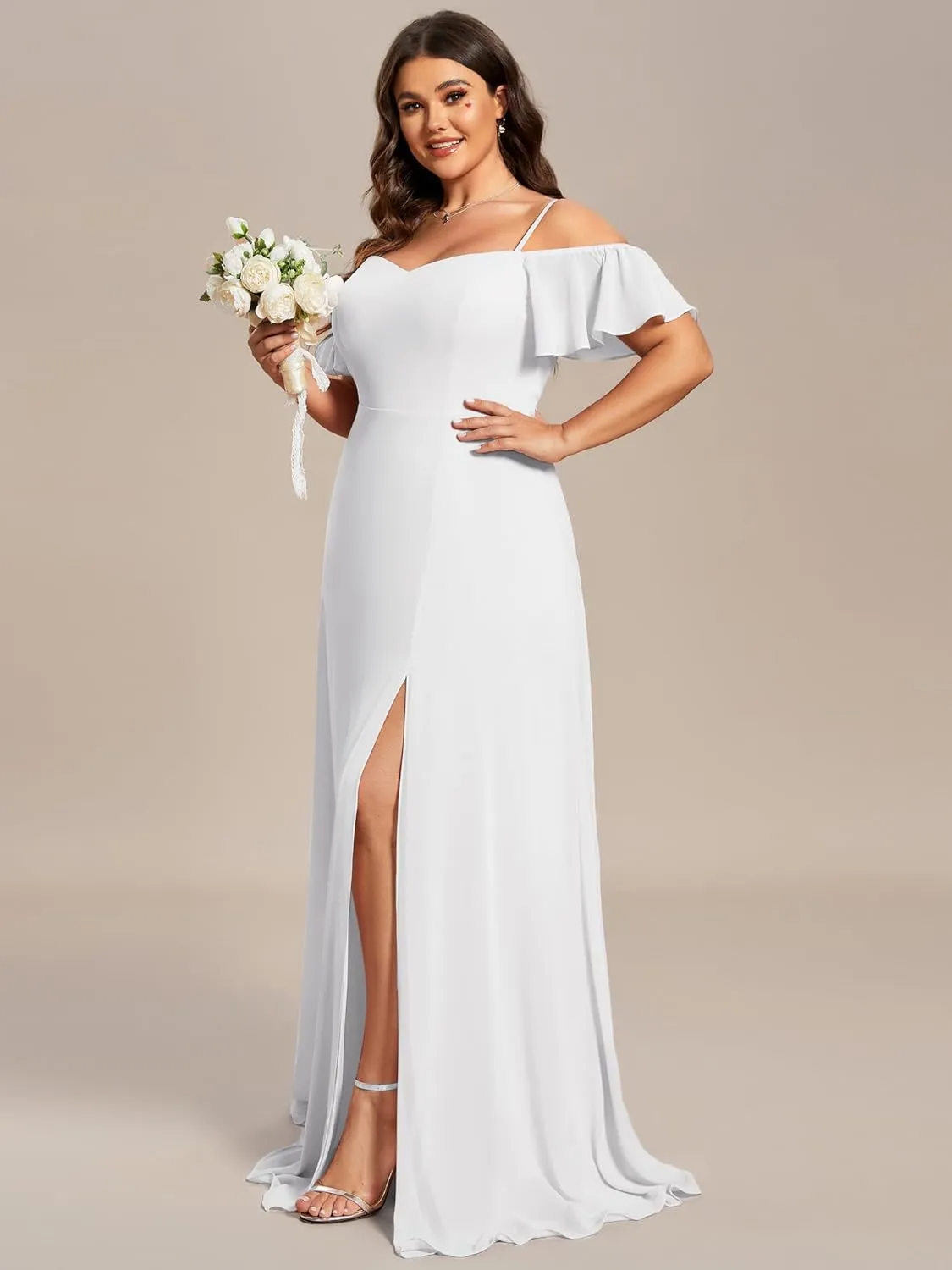 Ever-Pretty Plus Women's Off Shoulder Ruffles Sleeves Side Slit Chiffon Plus Size Bridesmaid Dresses 00237-DA