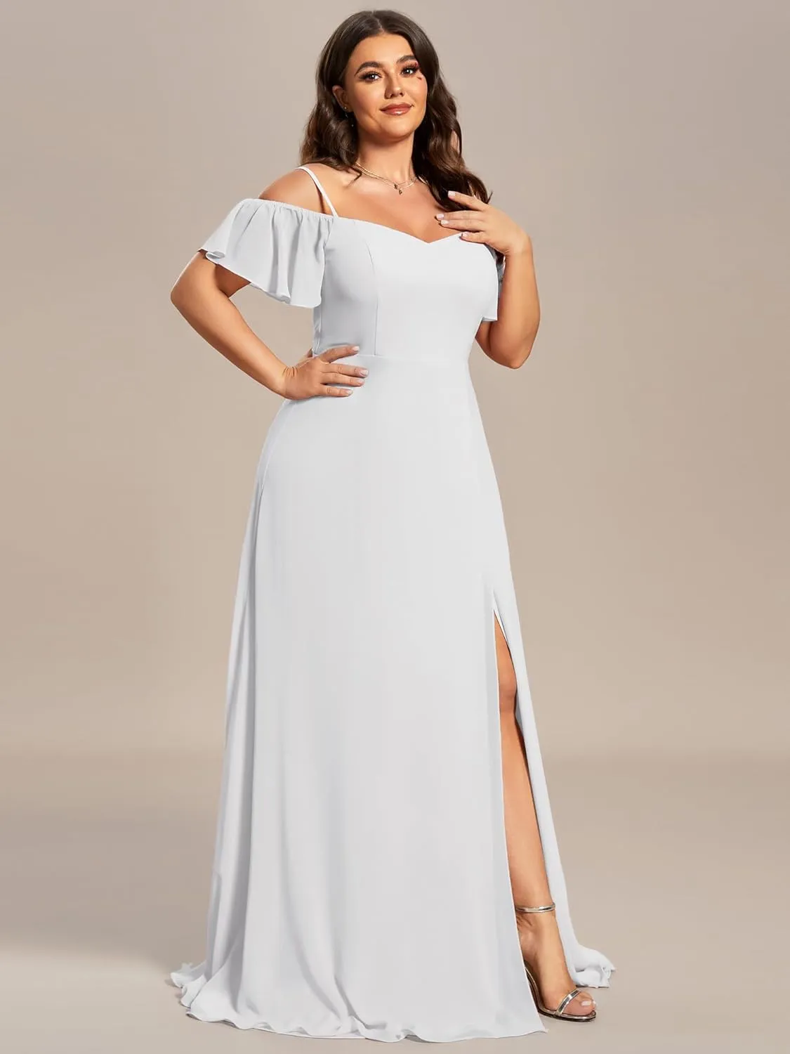 Ever-Pretty Plus Women's Off Shoulder Ruffles Sleeves Side Slit Chiffon Plus Size Bridesmaid Dresses 00237-DA