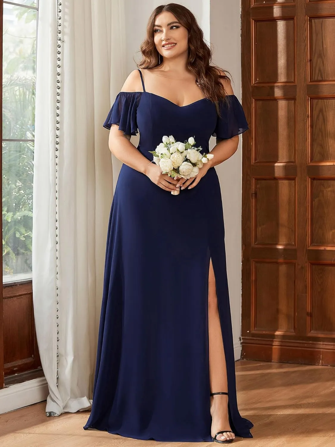 Ever-Pretty Plus Women's Off Shoulder Ruffles Sleeves Side Slit Chiffon Plus Size Bridesmaid Dresses 00237-DA