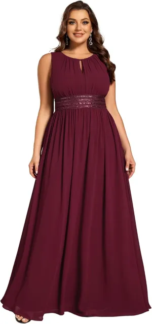 Ever-Pretty Plus Women's Round Neck A Line Sequin Waist Hollow Out Plus Size Chiffon Maxi Formal Bridesmaid Dresses 01955-DA