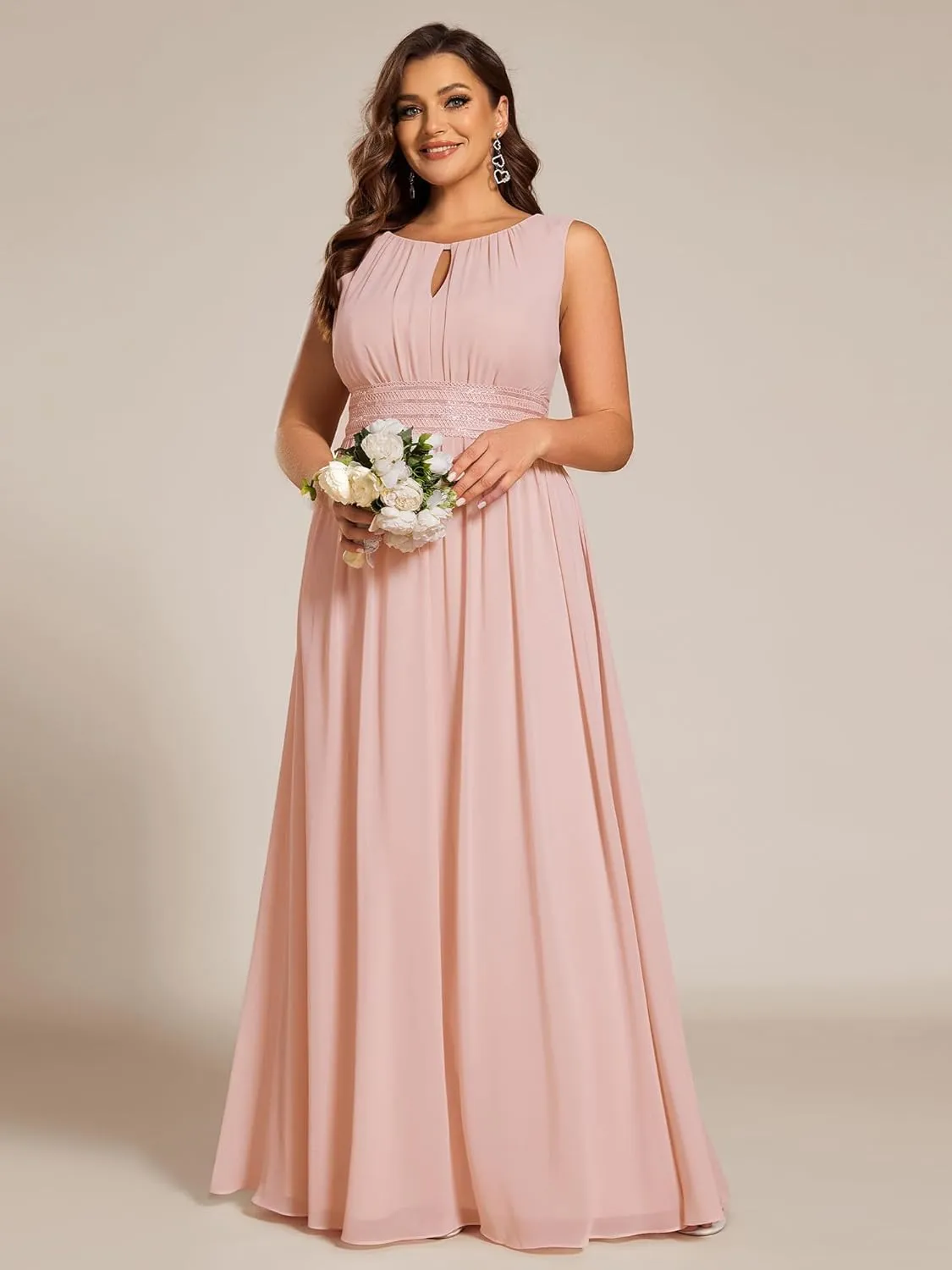 Ever-Pretty Plus Women's Round Neck A Line Sequin Waist Hollow Out Plus Size Chiffon Maxi Formal Bridesmaid Dresses 01955-DA