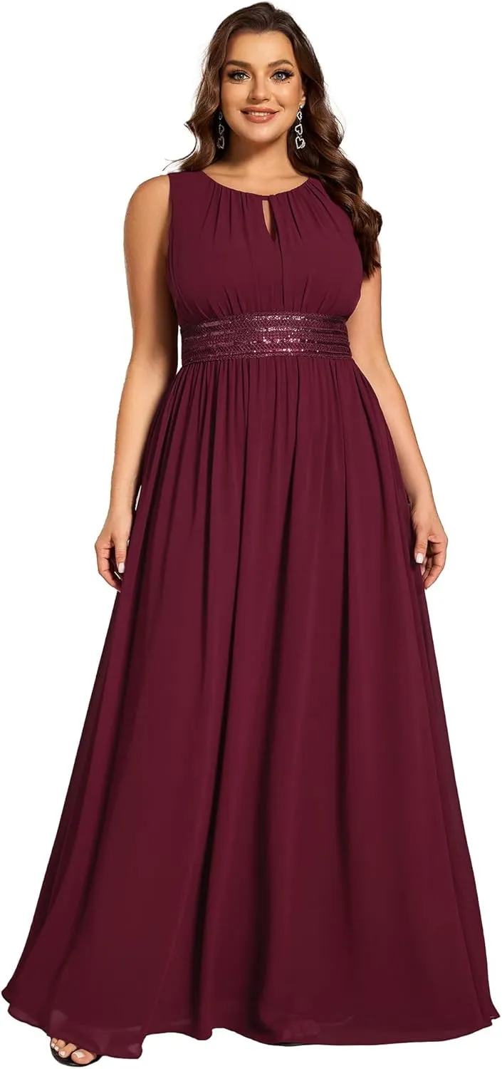 Ever-Pretty Plus Women's Round Neck A Line Sequin Waist Hollow Out Plus Size Chiffon Maxi Formal Bridesmaid Dresses 01955-DA