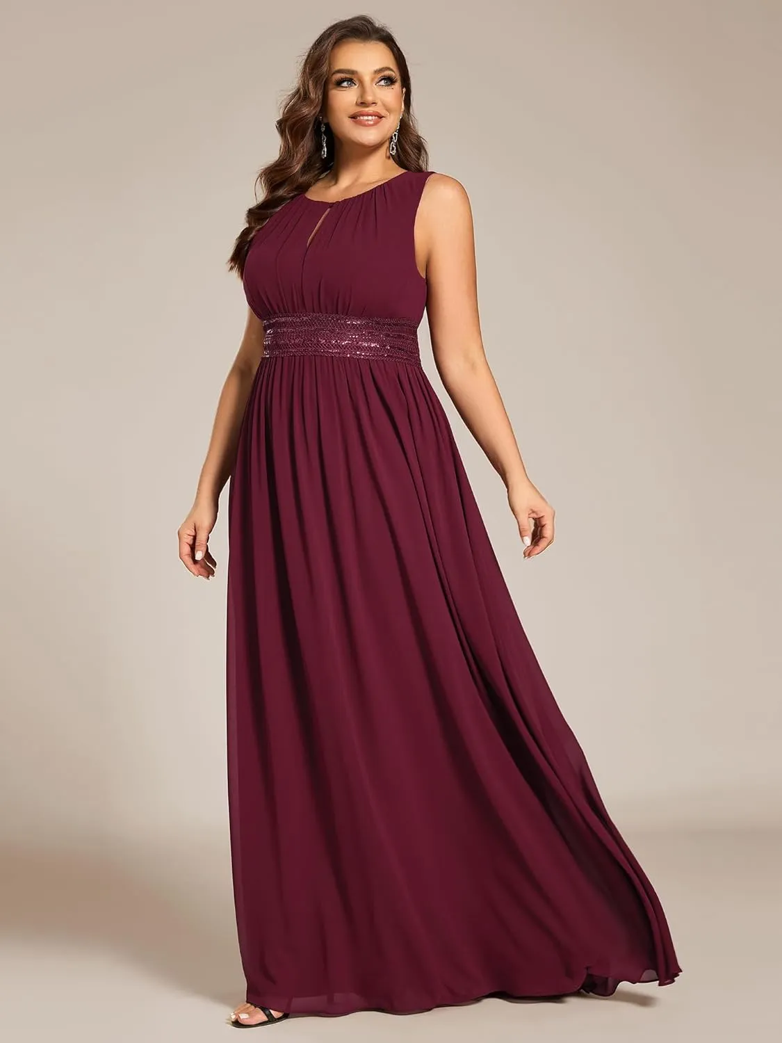 Ever-Pretty Plus Women's Round Neck A Line Sequin Waist Hollow Out Plus Size Chiffon Maxi Formal Bridesmaid Dresses 01955-DA