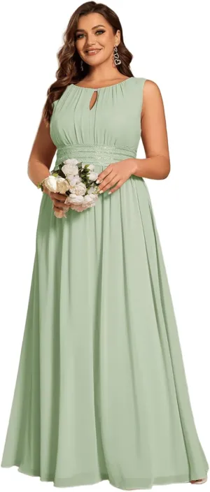 Ever-Pretty Plus Women's Round Neck A Line Sequin Waist Hollow Out Plus Size Chiffon Maxi Formal Bridesmaid Dresses 01955-DA