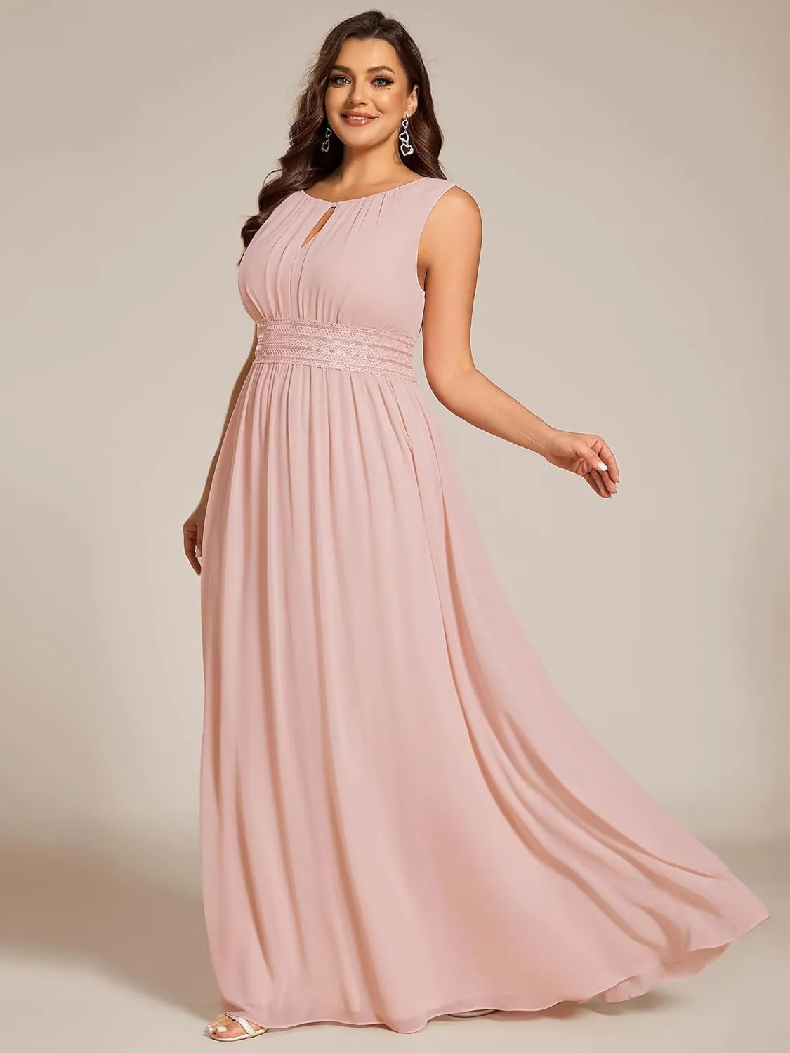 Ever-Pretty Plus Women's Round Neck A Line Sequin Waist Hollow Out Plus Size Chiffon Maxi Formal Bridesmaid Dresses 01955-DA