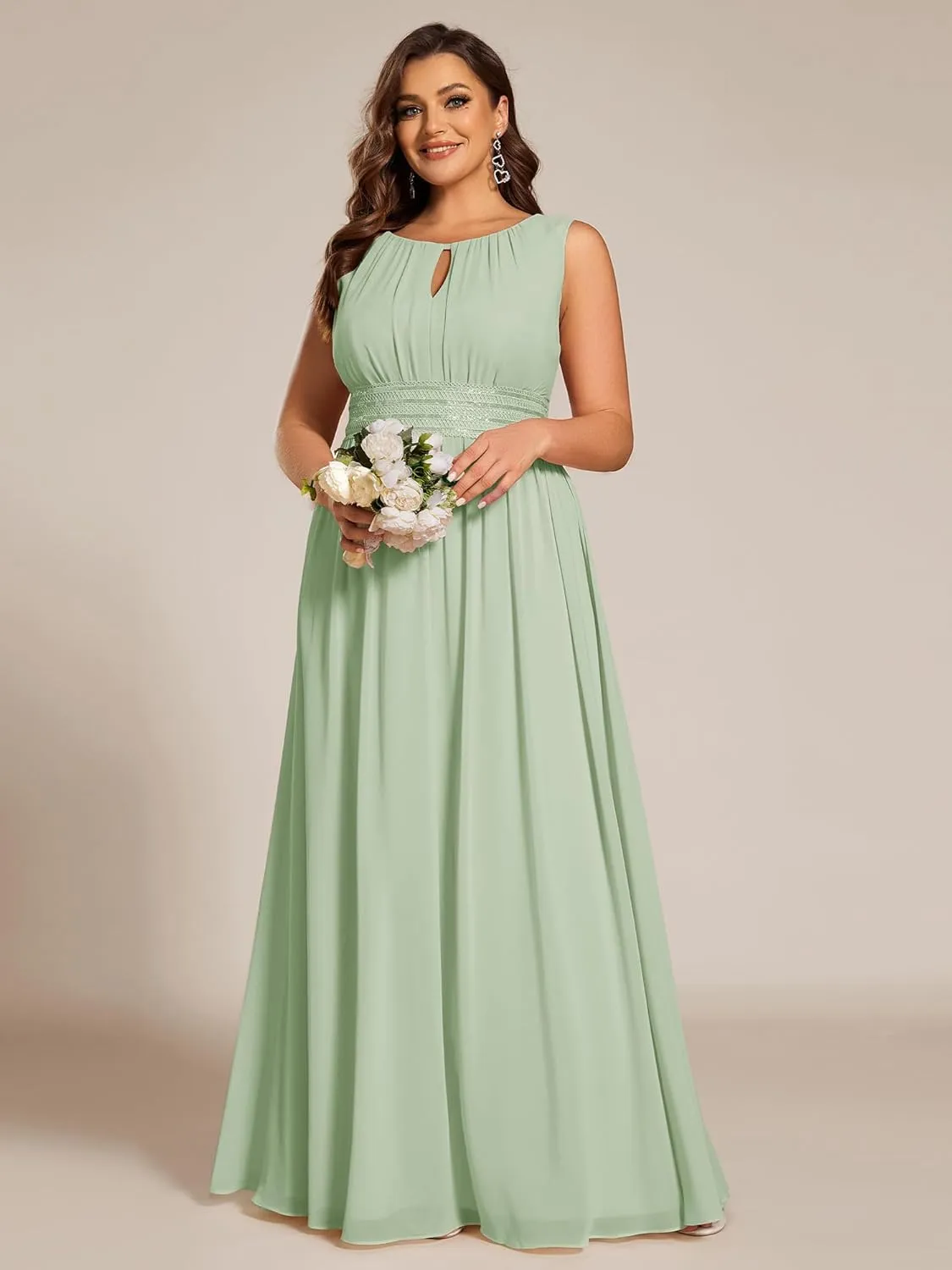 Ever-Pretty Plus Women's Round Neck A Line Sequin Waist Hollow Out Plus Size Chiffon Maxi Formal Bridesmaid Dresses 01955-DA