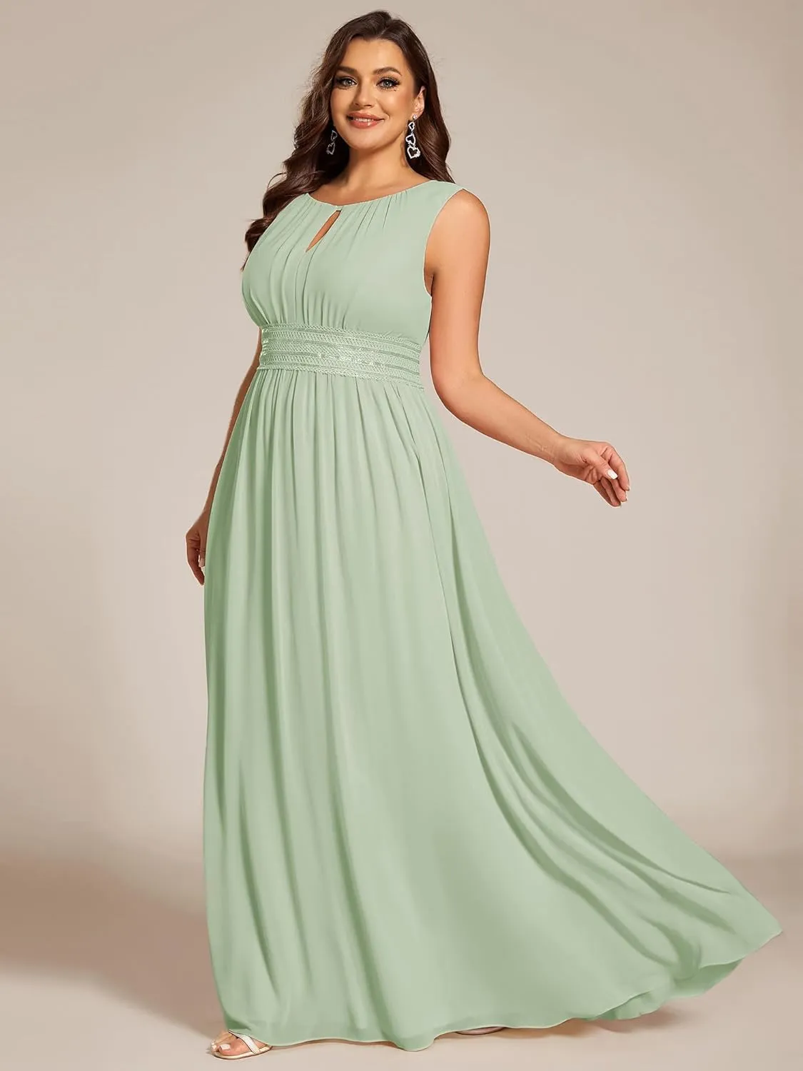 Ever-Pretty Plus Women's Round Neck A Line Sequin Waist Hollow Out Plus Size Chiffon Maxi Formal Bridesmaid Dresses 01955-DA