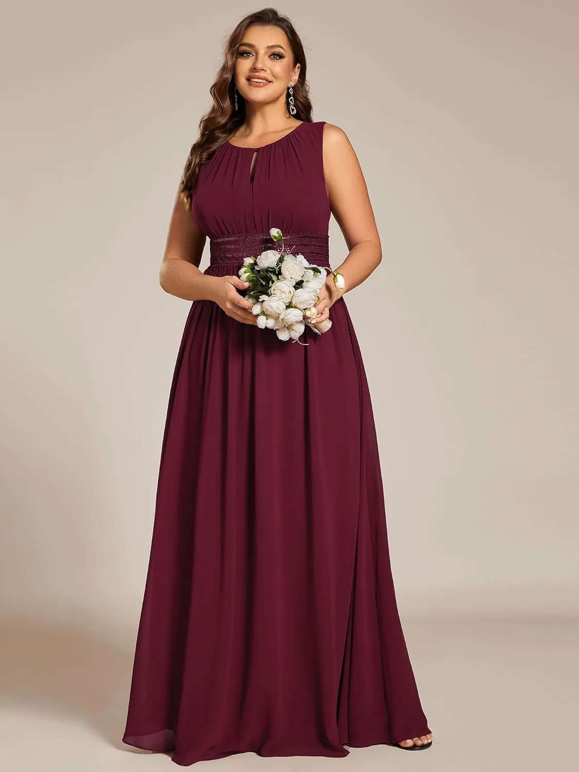 Ever-Pretty Plus Women's Round Neck A Line Sequin Waist Hollow Out Plus Size Chiffon Maxi Formal Bridesmaid Dresses 01955-DA