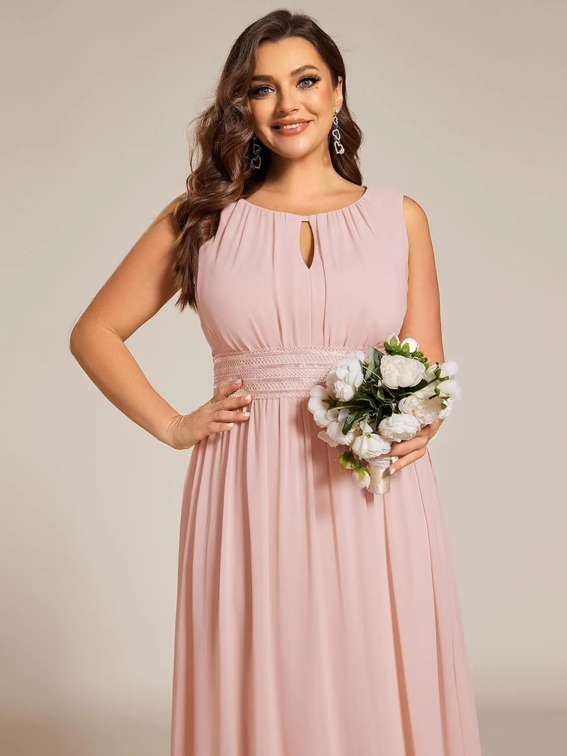 Ever-Pretty Plus Women's Round Neck A Line Sequin Waist Hollow Out Plus Size Chiffon Maxi Formal Bridesmaid Dresses 01955-DA