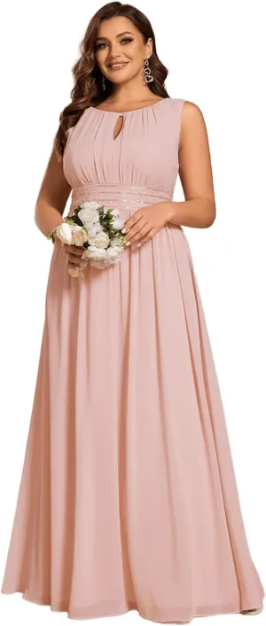 Ever-Pretty Plus Women's Round Neck A Line Sequin Waist Hollow Out Plus Size Chiffon Maxi Formal Bridesmaid Dresses 01955-DA