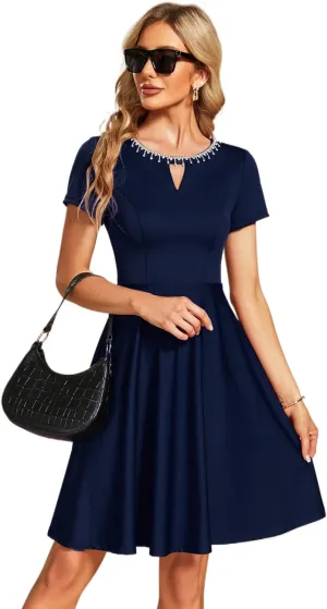 Ever-Pretty Women's Rrhinestone Neckline Short Sleeves A-Line Mini Summer 2023 Casual Dresses 01792