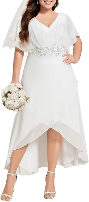 Ever-Pretty Women's Simple V Neck Applique Bat-Wing Sleeves High Low Summer Plus Size Wedding Dresses for Bridal Shower