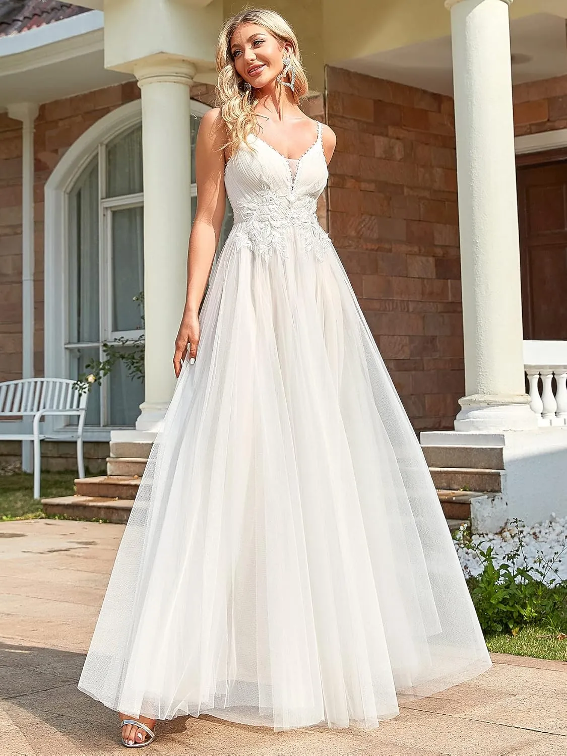 Ever-Pretty Women's V-Neck Lace Spaghetti Straps Embroidered Ruched Tulle Wedding Dress 0124A