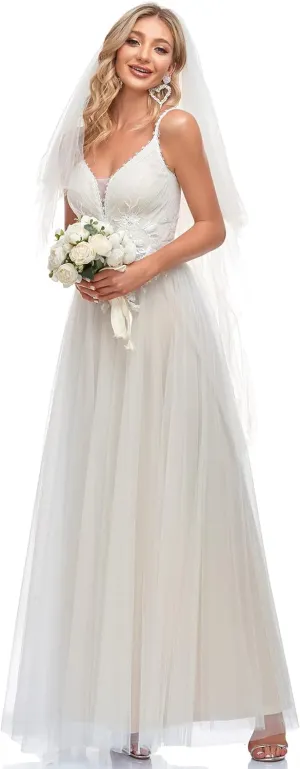Ever-Pretty Women's V-Neck Lace Spaghetti Straps Embroidered Ruched Tulle Wedding Dress 0124A