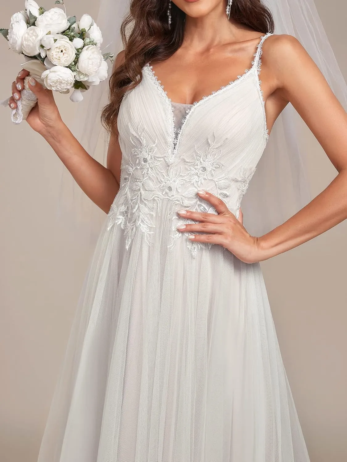 Ever-Pretty Women's V-Neck Lace Spaghetti Straps Embroidered Ruched Tulle Wedding Dress 0124A
