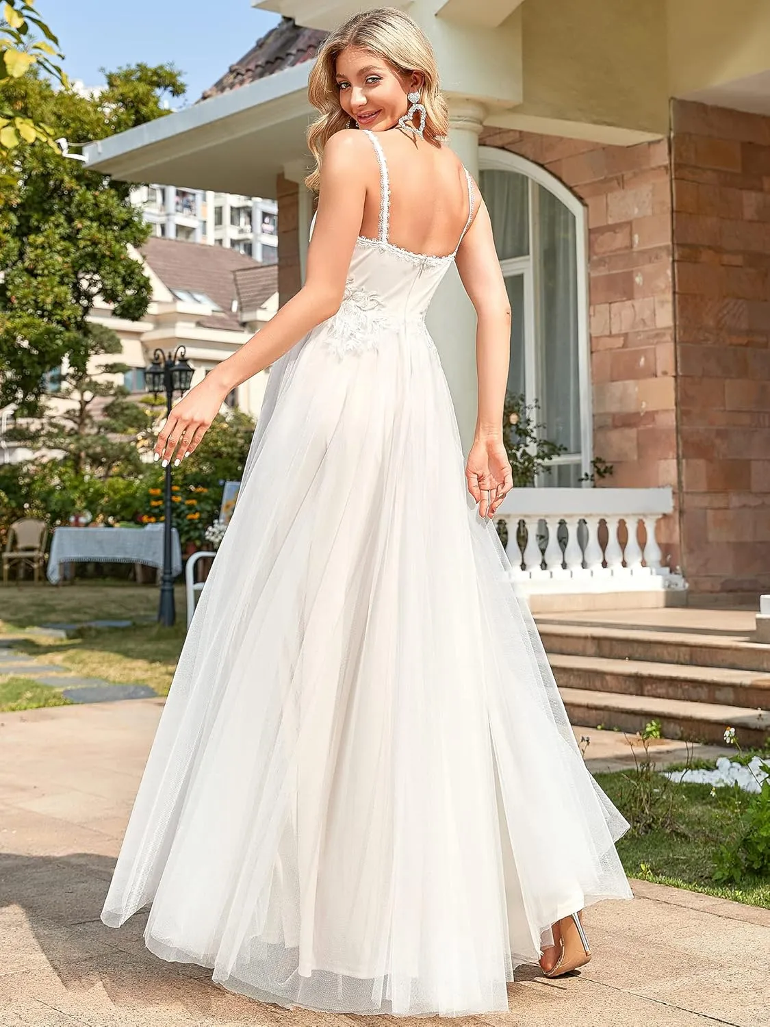 Ever-Pretty Women's V-Neck Lace Spaghetti Straps Embroidered Ruched Tulle Wedding Dress 0124A