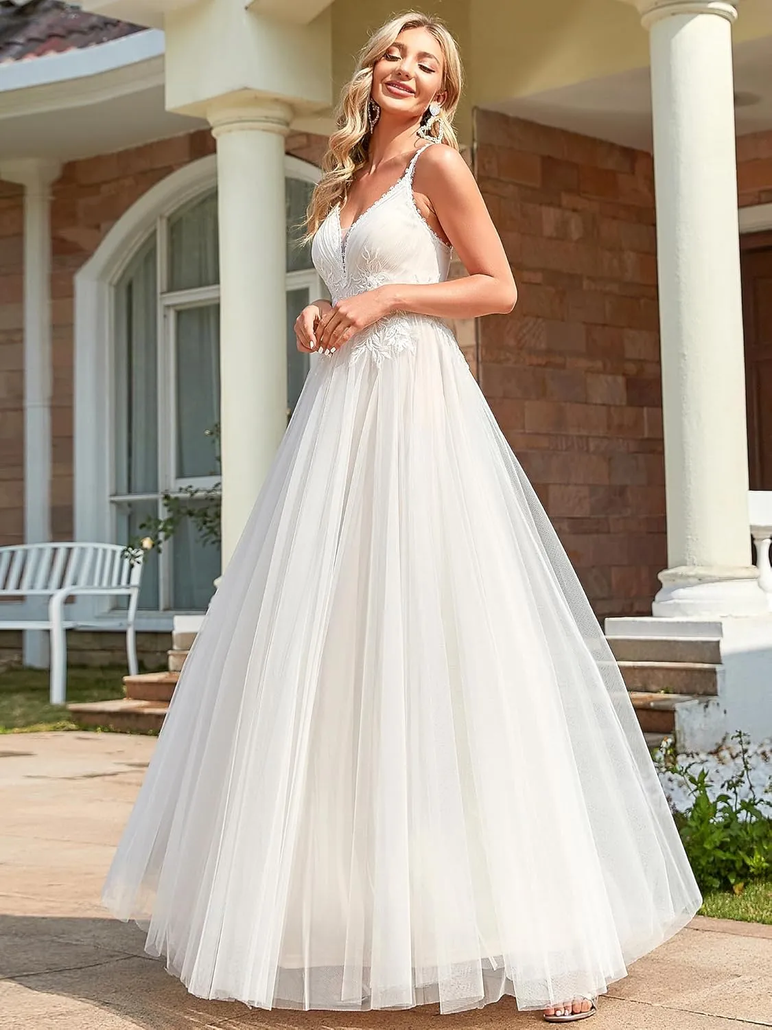 Ever-Pretty Women's V-Neck Lace Spaghetti Straps Embroidered Ruched Tulle Wedding Dress 0124A