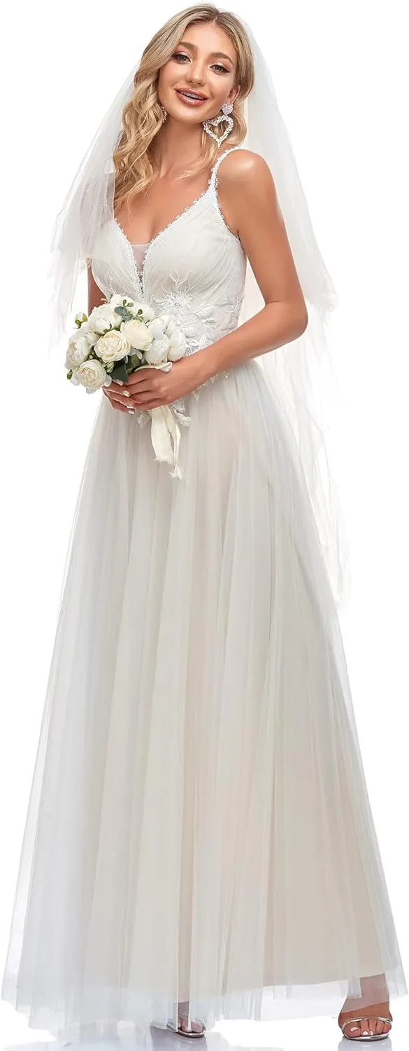 Ever-Pretty Women's V-Neck Lace Spaghetti Straps Embroidered Ruched Tulle Wedding Dress 0124A