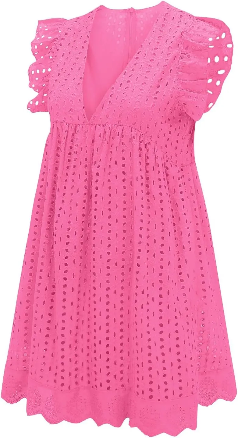 Eyelet Summer Dresses for Women 2025 Sexy V Neck Sleeveless Ruffle Lace Mini Dress Loose Beach Vacation Sundresses