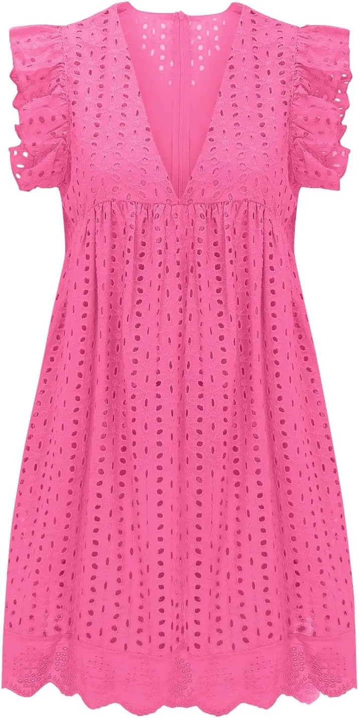 Eyelet Summer Dresses for Women 2025 Sexy V Neck Sleeveless Ruffle Lace Mini Dress Loose Beach Vacation Sundresses