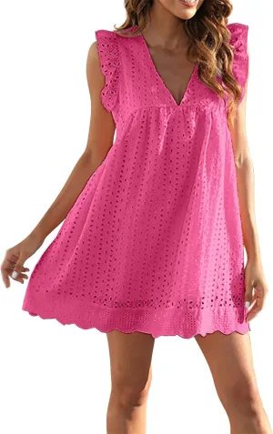 Eyelet Summer Dresses for Women 2025 Sexy V Neck Sleeveless Ruffle Lace Mini Dress Loose Beach Vacation Sundresses