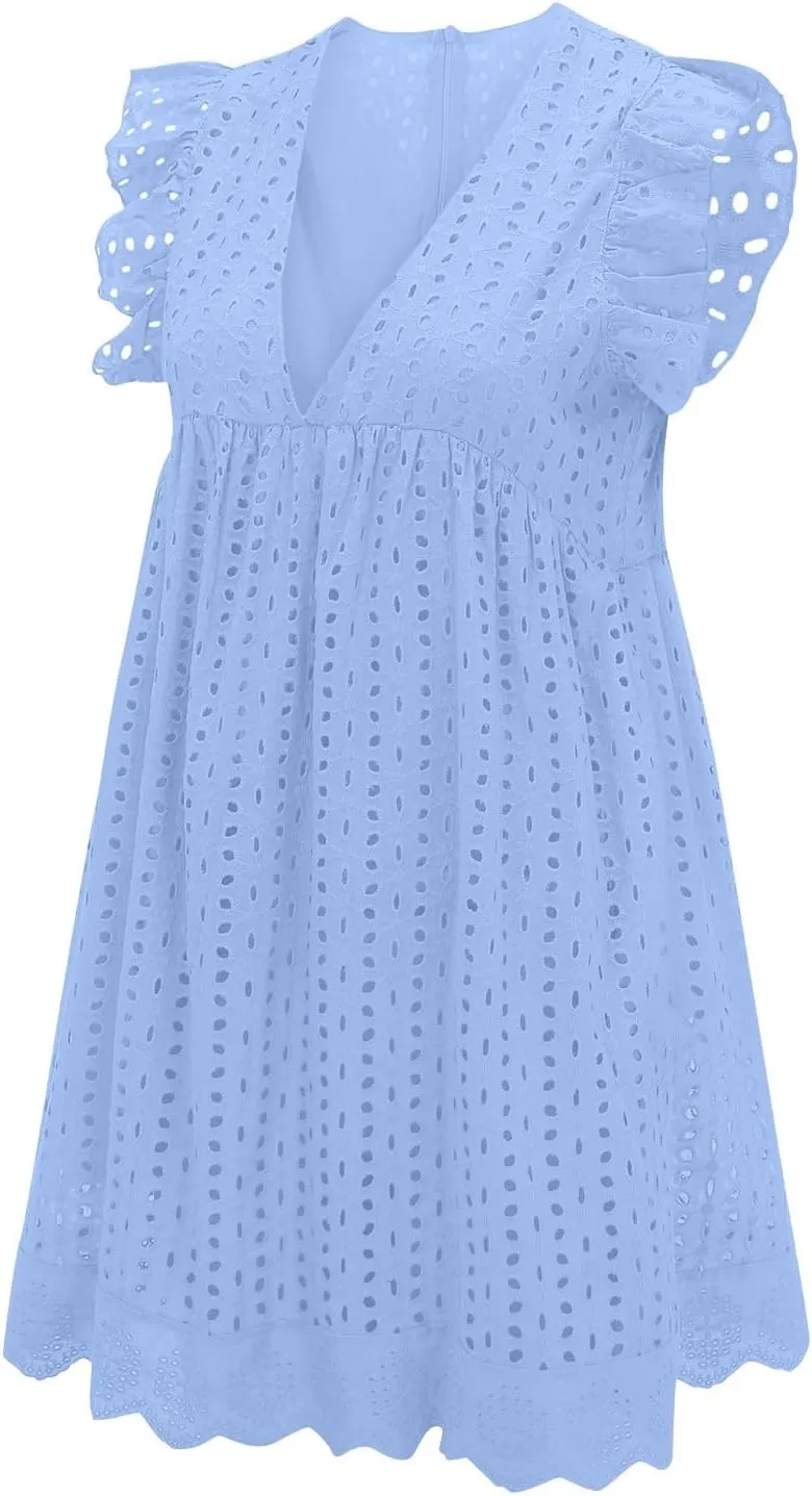 Eyelet Summer Dresses for Women 2025 Sexy V Neck Sleeveless Ruffle Lace Mini Dress Loose Beach Vacation Sundresses