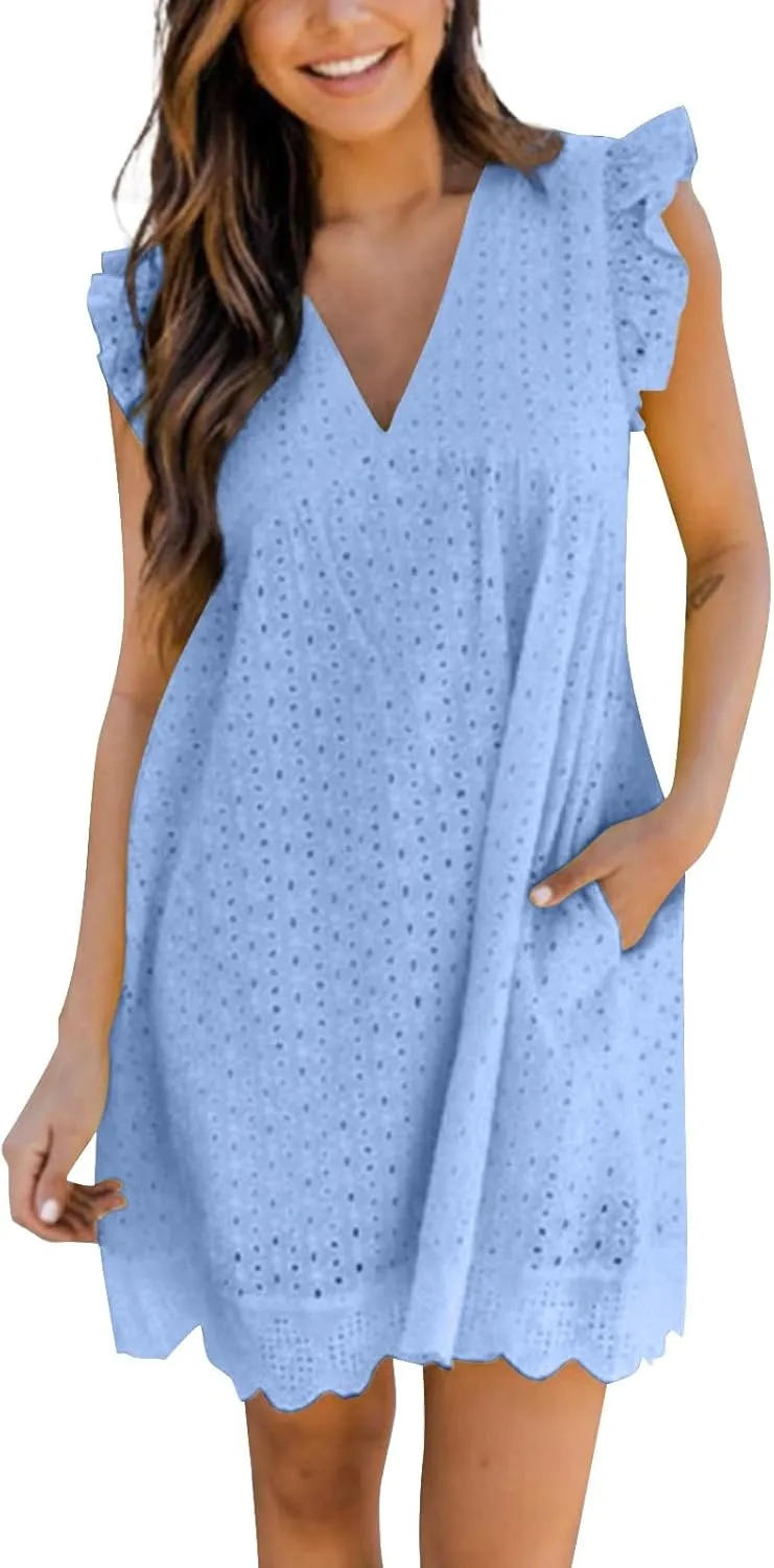Eyelet Summer Dresses for Women 2025 Sexy V Neck Sleeveless Ruffle Lace Mini Dress Loose Beach Vacation Sundresses