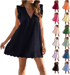 Eyelet Summer Dresses for Women 2025 Sexy V Neck Sleeveless Ruffle Lace Mini Dress Loose Beach Vacation Sundresses