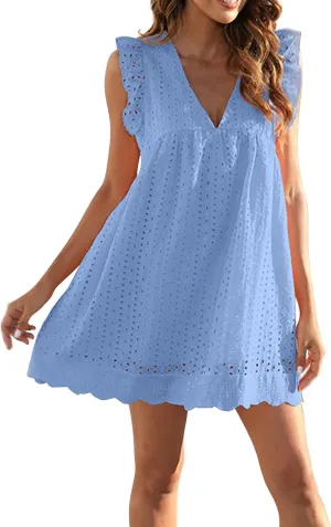 Eyelet Summer Dresses for Women 2025 Sexy V Neck Sleeveless Ruffle Lace Mini Dress Loose Beach Vacation Sundresses