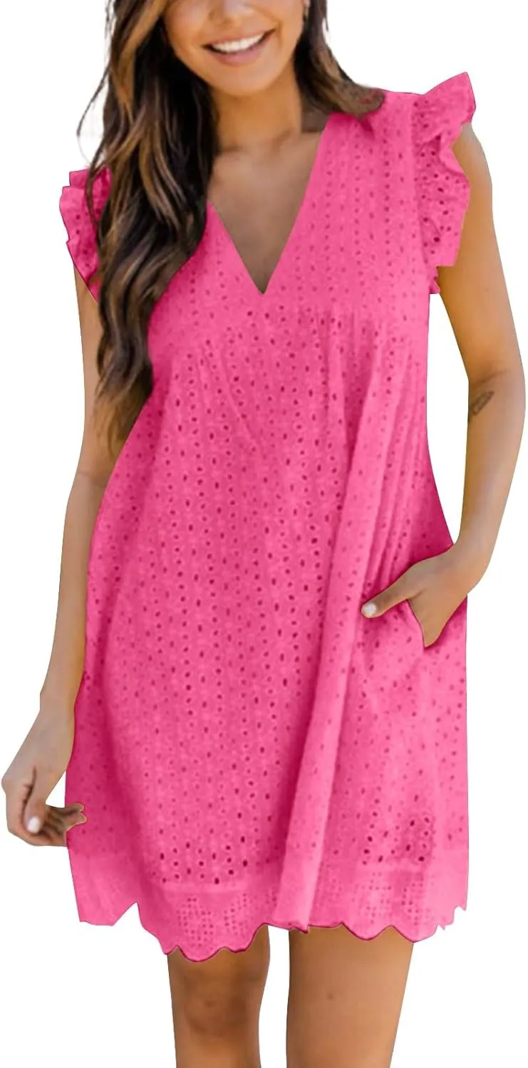 Eyelet Summer Dresses for Women 2025 Sexy V Neck Sleeveless Ruffle Lace Mini Dress Loose Beach Vacation Sundresses