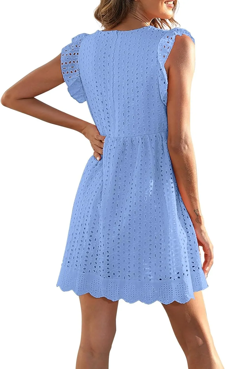 Eyelet Summer Dresses for Women 2025 Sexy V Neck Sleeveless Ruffle Lace Mini Dress Loose Beach Vacation Sundresses