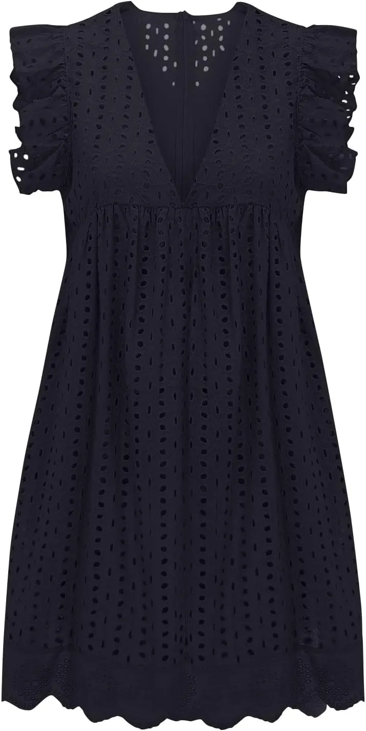 Eyelet Summer Dresses for Women 2025 Sexy V Neck Sleeveless Ruffle Lace Mini Dress Loose Beach Vacation Sundresses