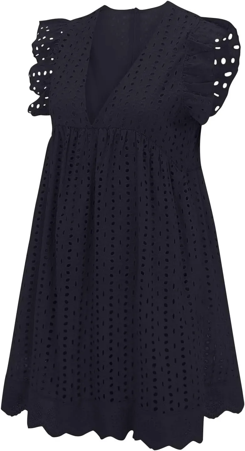 Eyelet Summer Dresses for Women 2025 Sexy V Neck Sleeveless Ruffle Lace Mini Dress Loose Beach Vacation Sundresses