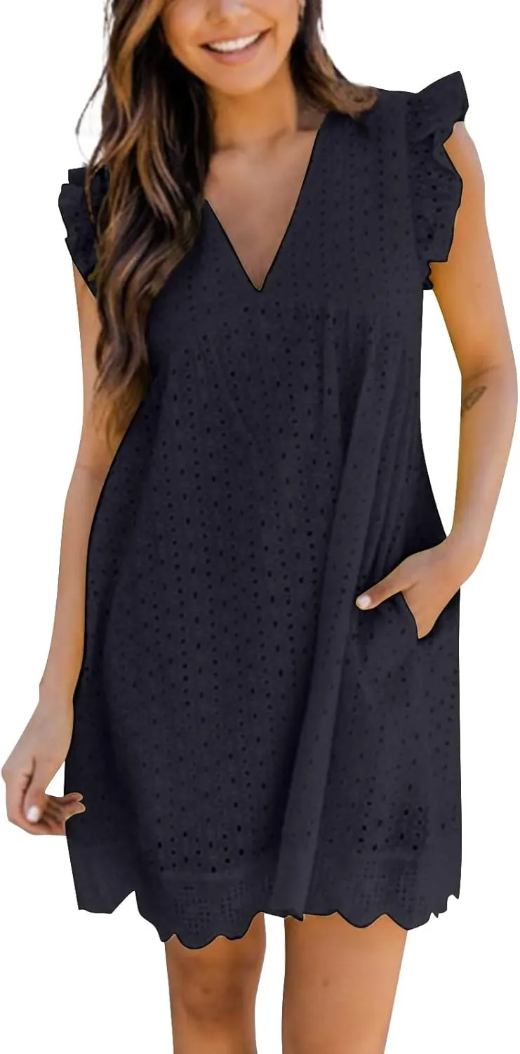 Eyelet Summer Dresses for Women 2025 Sexy V Neck Sleeveless Ruffle Lace Mini Dress Loose Beach Vacation Sundresses