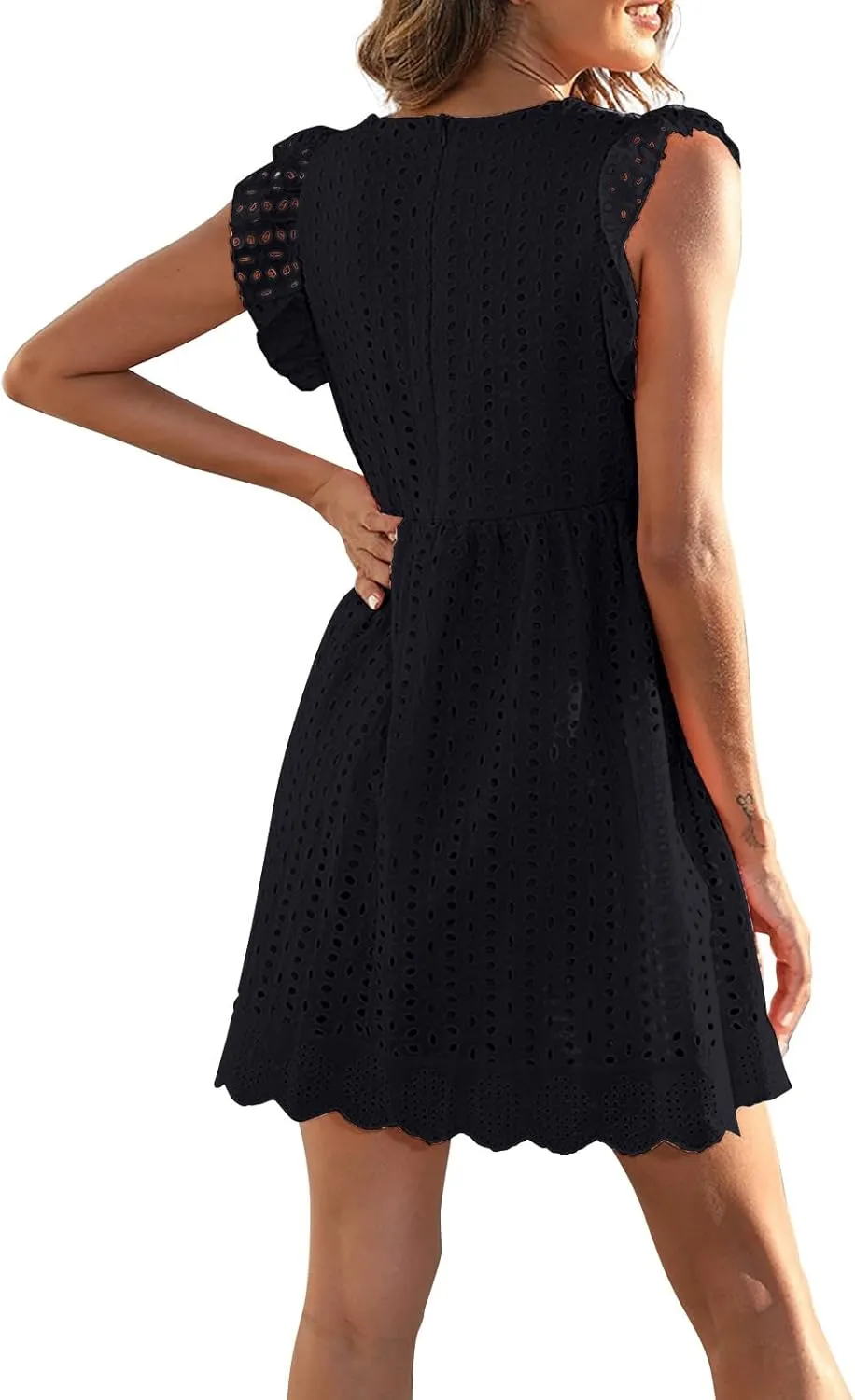 Eyelet Summer Dresses for Women 2025 Sexy V Neck Sleeveless Ruffle Lace Mini Dress Loose Beach Vacation Sundresses