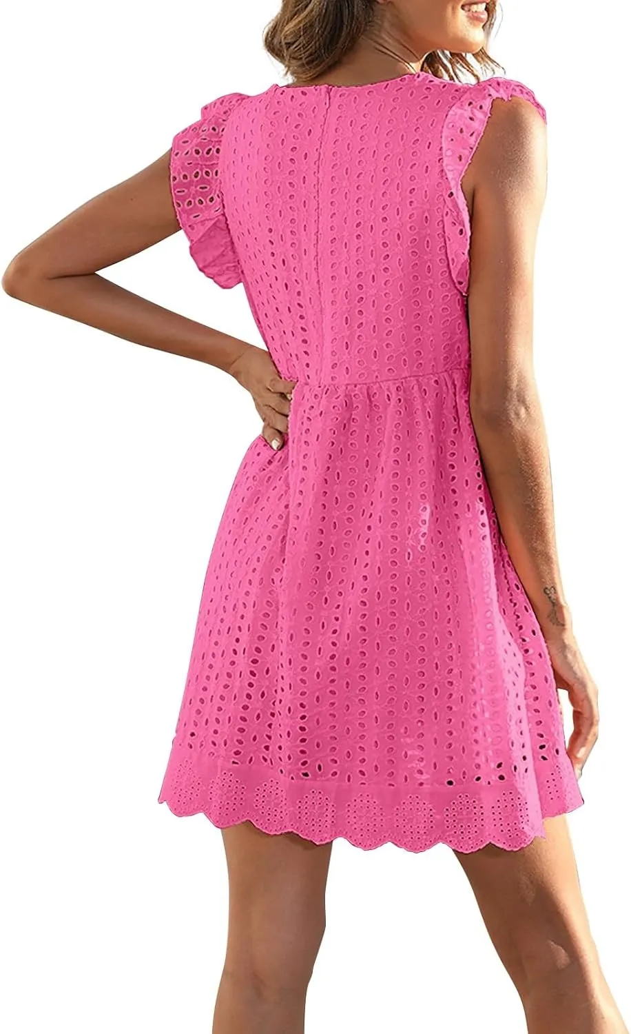 Eyelet Summer Dresses for Women 2025 Sexy V Neck Sleeveless Ruffle Lace Mini Dress Loose Beach Vacation Sundresses