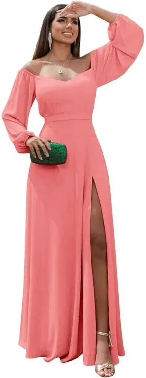 Fanao Long Sleeve Chiffon Bridesmaid Dresses for Women 2025 with Slit Off Shoulder Wedding Guest Dress BD004